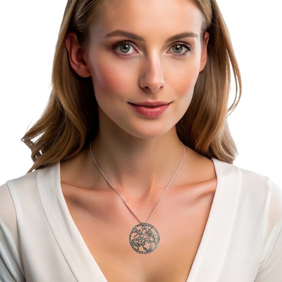 Round Silver Tone Cubic Zirconia Pendant With Floral & Heart Design For Women - Picture 3 of 9